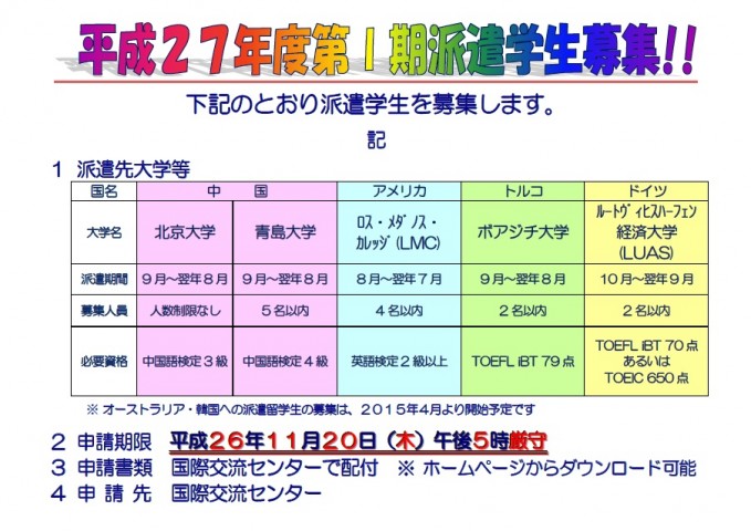 关于平成27年度第I期派遣学生的募集