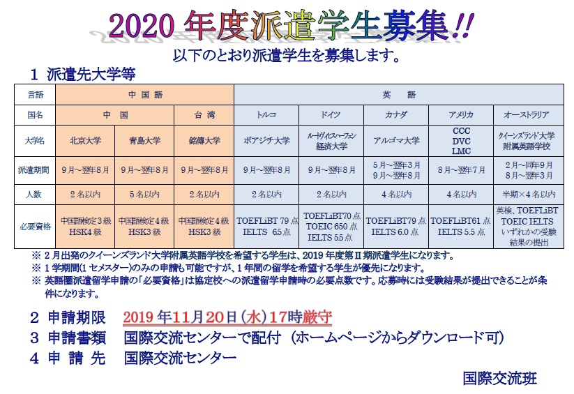 2020年度第I期派遣学生招募开始